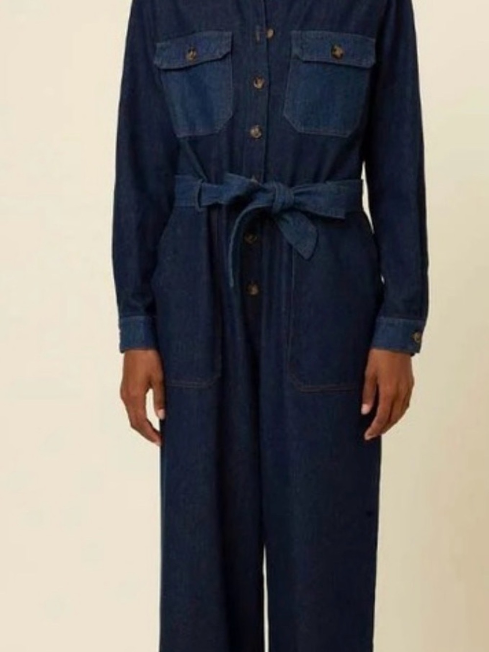 FRNCH Dark Blue Denim Jumpsuit with Self Tie Waist